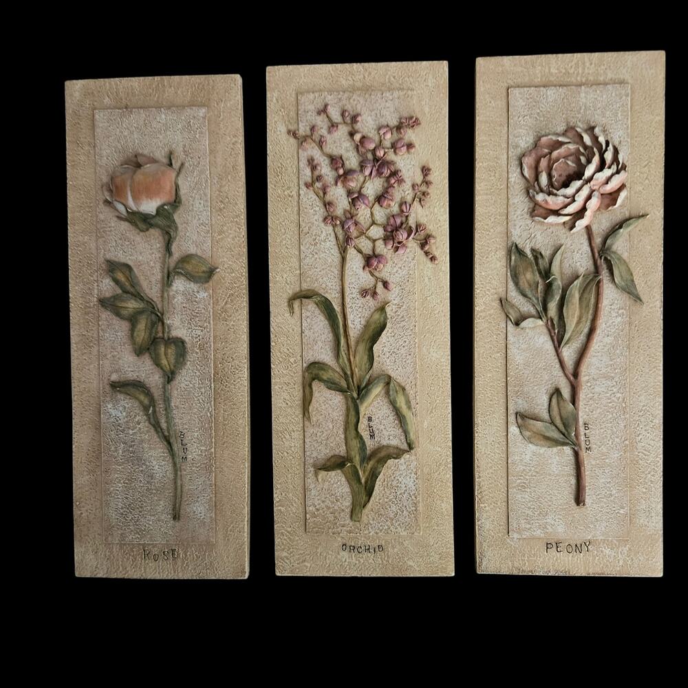 Lot of 3 Blum Floral Botanical Wall Plaques Rose Orchid Peony Relief Art Panels